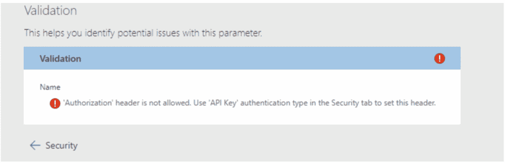 Validation error: 'Authorization' header is not allowed.